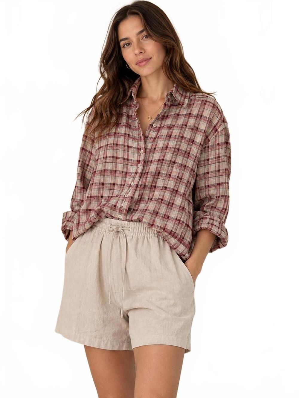 Zara Women's Plaid Button-Up Shirt Size Small Red Beige Cotton Blend.0078